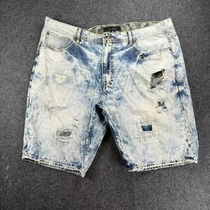 AKOO Size 40 Blue Acid Wash Distressed Denim Shorts Camo Waistband Mens